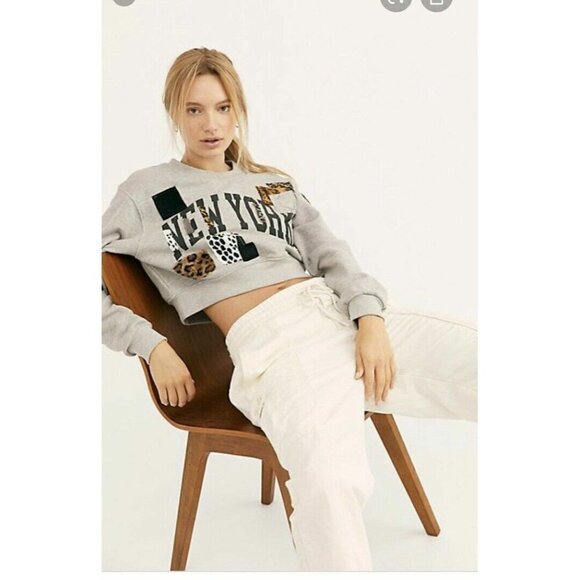 Anthropologie Riley New York Gray Crew Sweatshirt Patches Leopard Size S - Picture 1 of 8